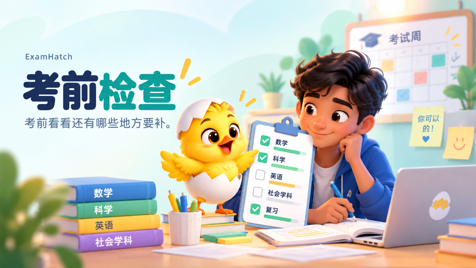 考前检查：考前看看还有哪些地方要补。